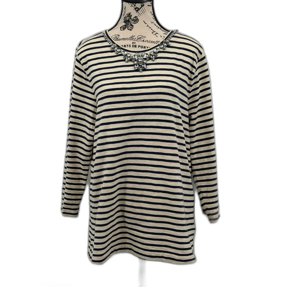 J. Crew Jeweled Rhinestone Neck Navy Striped Top 100% Cotton 3/4 Sleeve M Preppy
